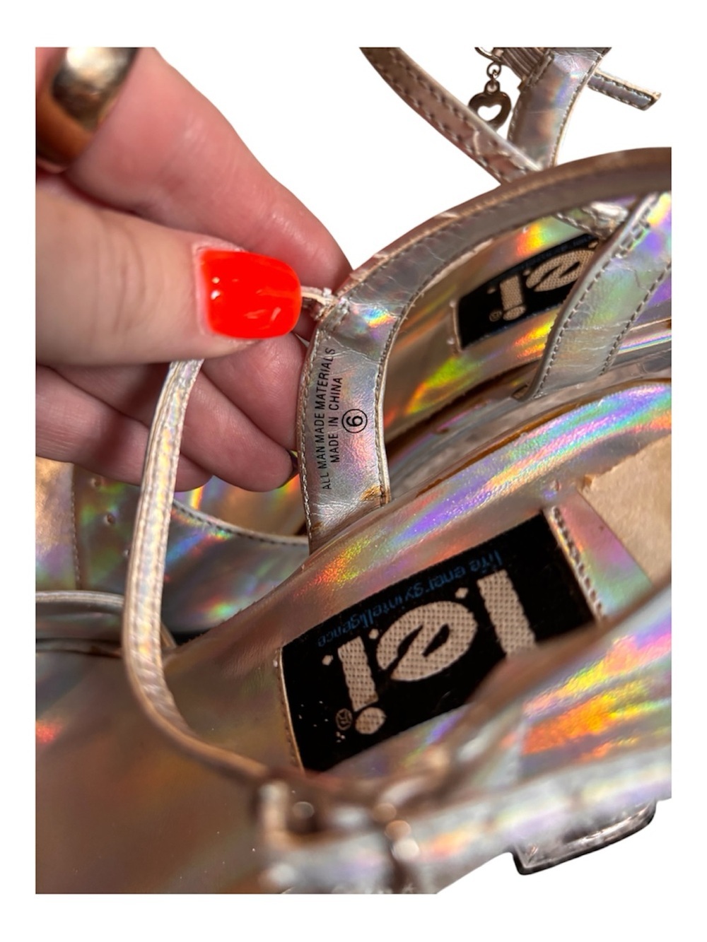 Vintage Y2K lei Holographic Silver Open-Toe Slingback Heels - Picture 2 of 4
